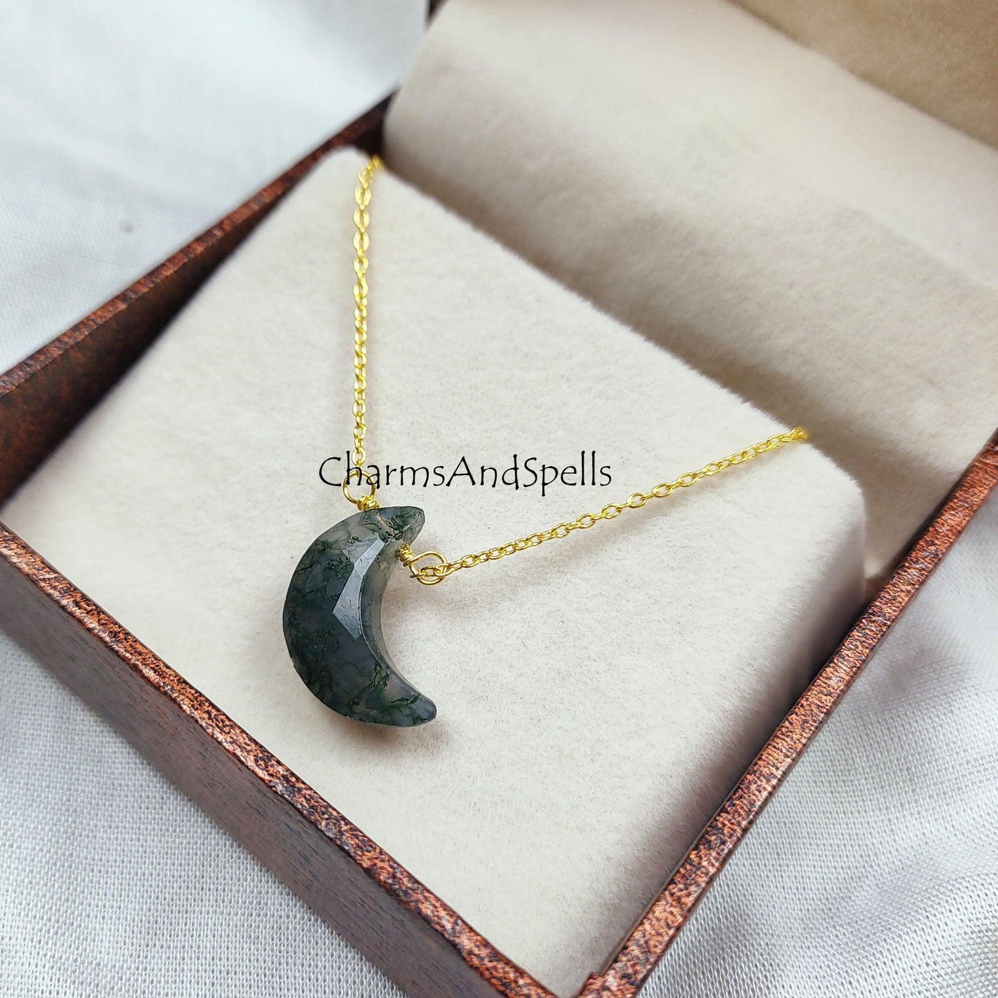 moss agate crescent moon pendant, moss agate moon necklace, natural moss agate moon, moss agate crystal necklace, wire wrap necklace - Charms And Spells