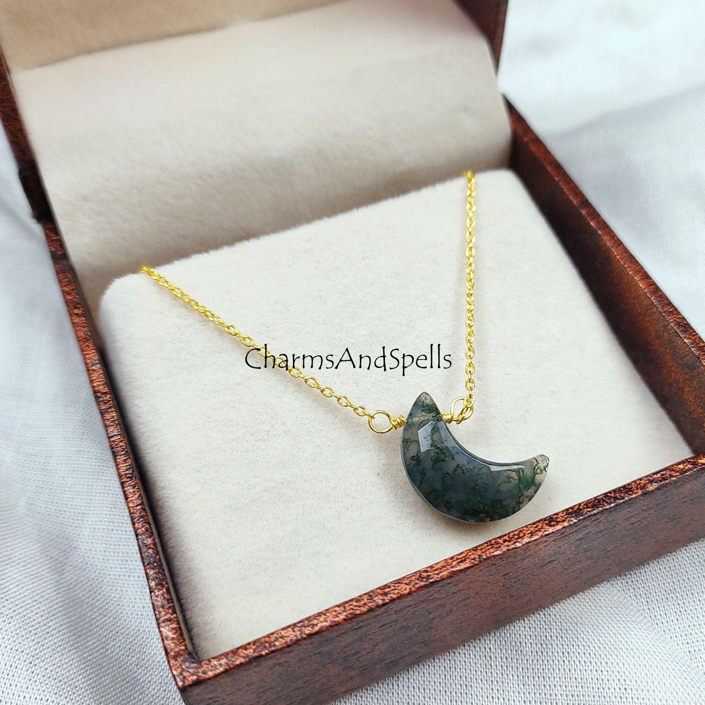 moss agate crescent moon pendant, moss agate moon necklace, natural moss agate moon, moss agate crystal necklace, wire wrap necklace - Charms And Spells