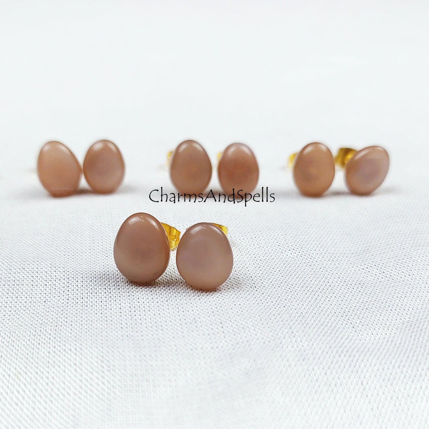 Chocolate Moonstone stud earrings, moonstone jewelry, Moonstone earrings, 14k Gold Plated Moonstone studs, Woman earrings - Charms And Spells