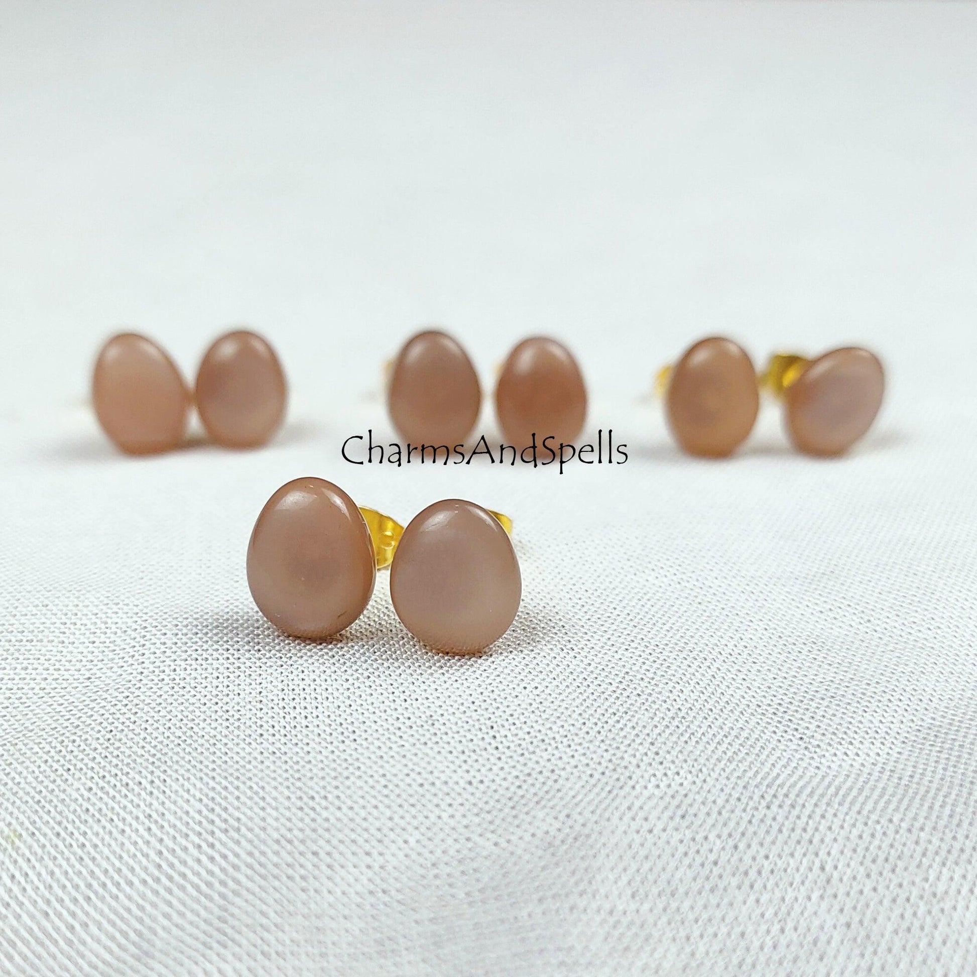 Chocolate Moonstone stud earrings, moonstone jewelry, Moonstone earrings, 14k Gold Plated Moonstone studs, Woman earrings - Charms And Spells