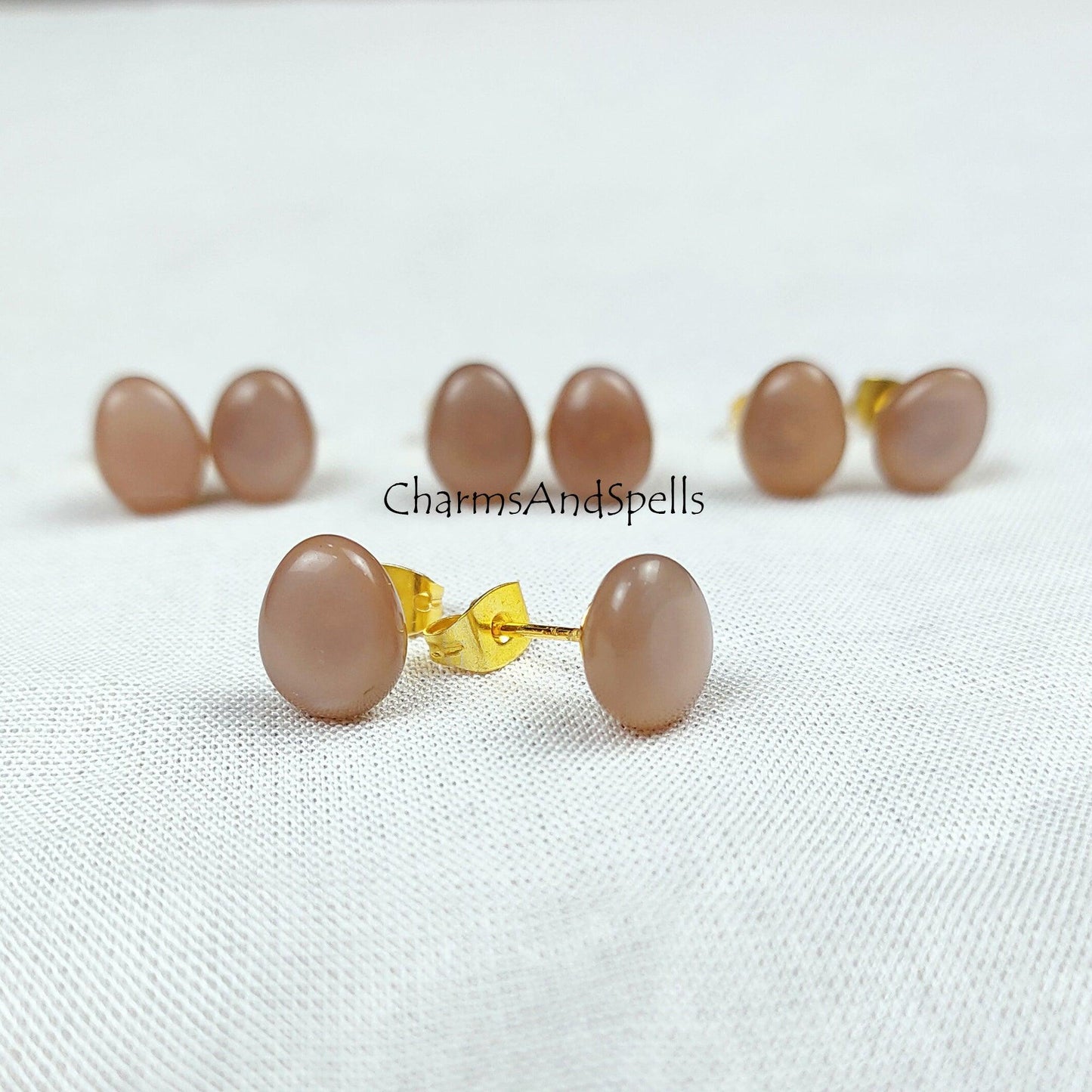 Chocolate Moonstone stud earrings, moonstone jewelry, Moonstone earrings, 14k Gold Plated Moonstone studs, Woman earrings - Charms And Spells