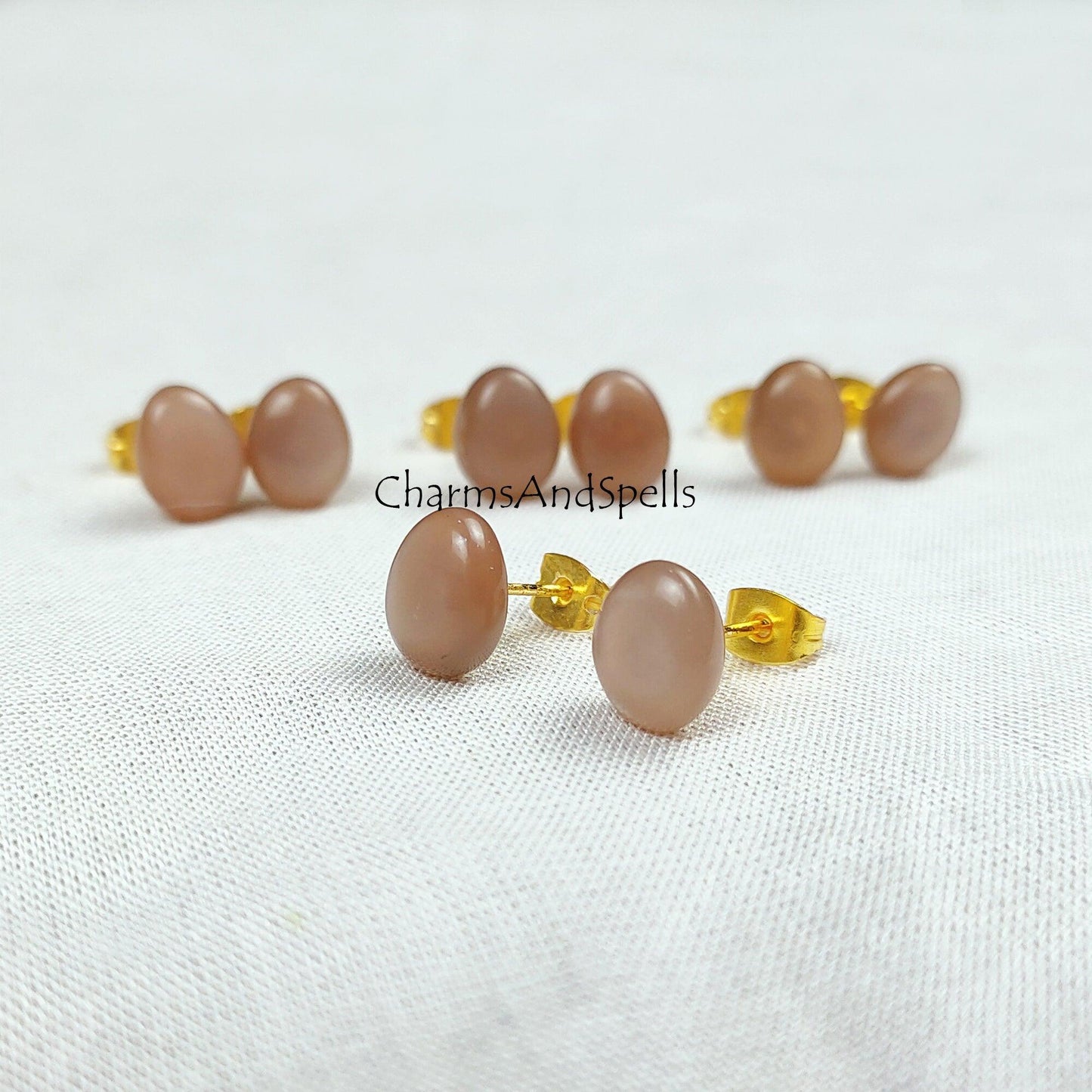 Chocolate Moonstone stud earrings, moonstone jewelry, Moonstone earrings, 14k Gold Plated Moonstone studs, Woman earrings - Charms And Spells