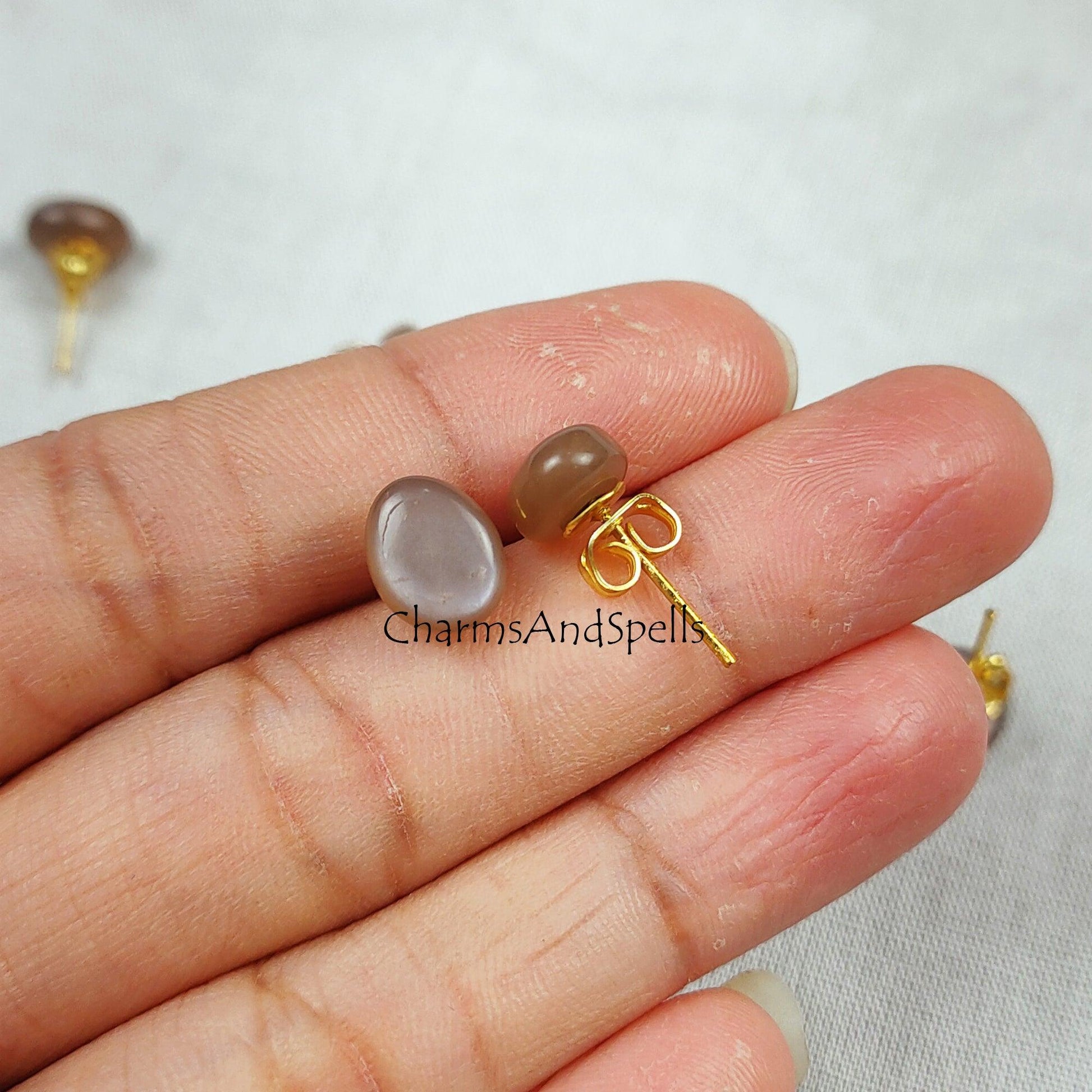 Chocolate Moonstone stud earrings, moonstone jewelry, Moonstone earrings, 14k Gold Plated Moonstone studs, Woman earrings - Charms And Spells