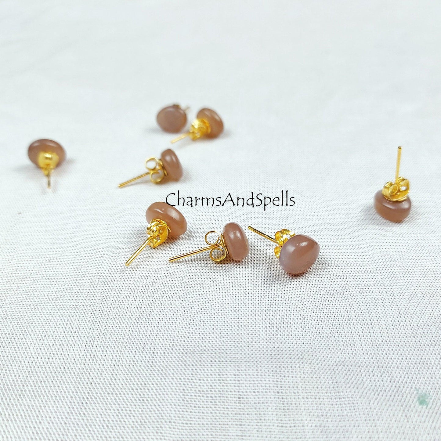 Chocolate Moonstone stud earrings, moonstone jewelry, Moonstone earrings, 14k Gold Plated Moonstone studs, Woman earrings - Charms And Spells