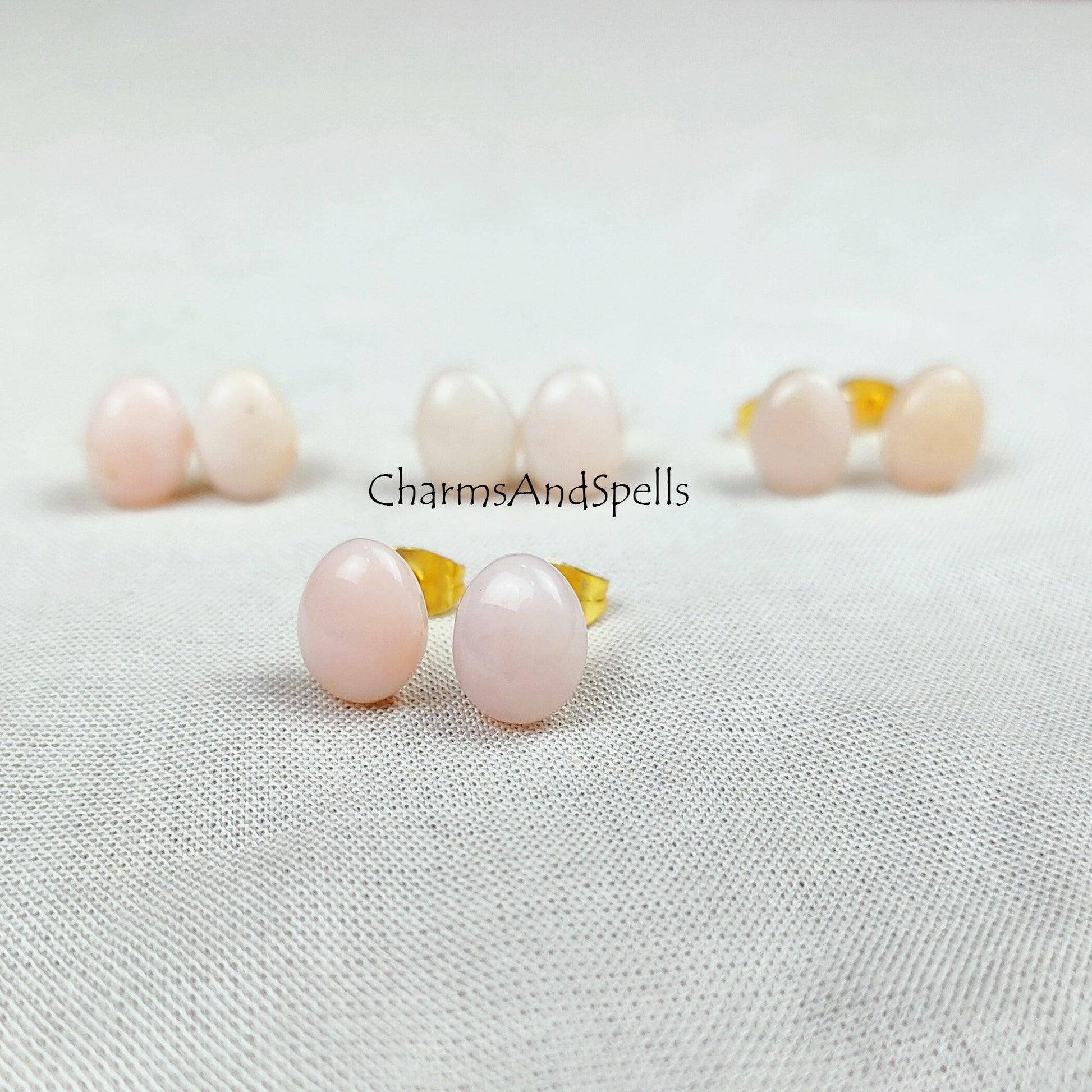 Natural Pink Opal Earrings, Opal Stud Earrings, Pink Stone Jewelry, Gemstone Stud, Ethnic Jewelry, Simple Earrings, Gift For Women - Charms And Spells