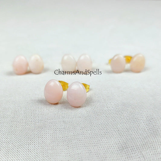 Natural Pink Opal Earrings, Opal Stud Earrings, Pink Stone Jewelry, Gemstone Stud, Ethnic Jewelry, Simple Earrings, Gift For Women - Charms And Spells