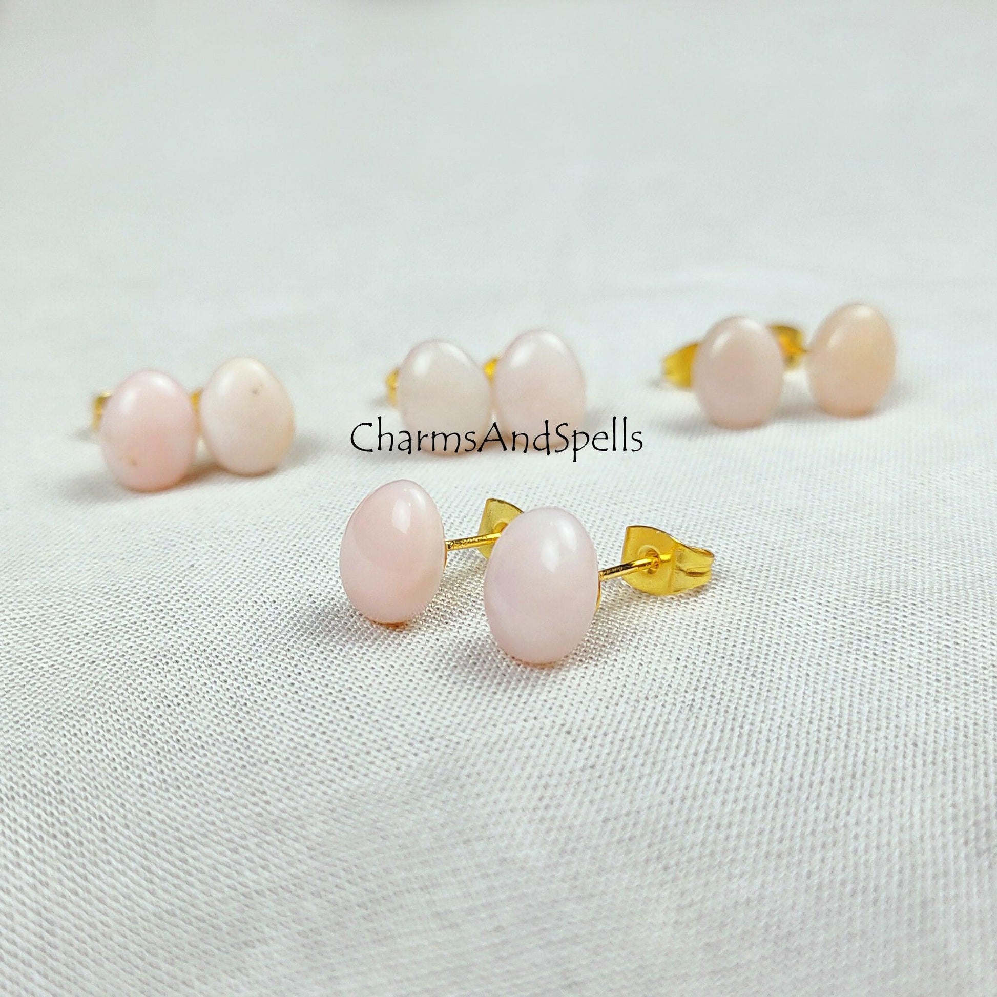 Natural Pink Opal Earrings, Opal Stud Earrings, Pink Stone Jewelry, Gemstone Stud, Ethnic Jewelry, Simple Earrings, Gift For Women - Charms And Spells