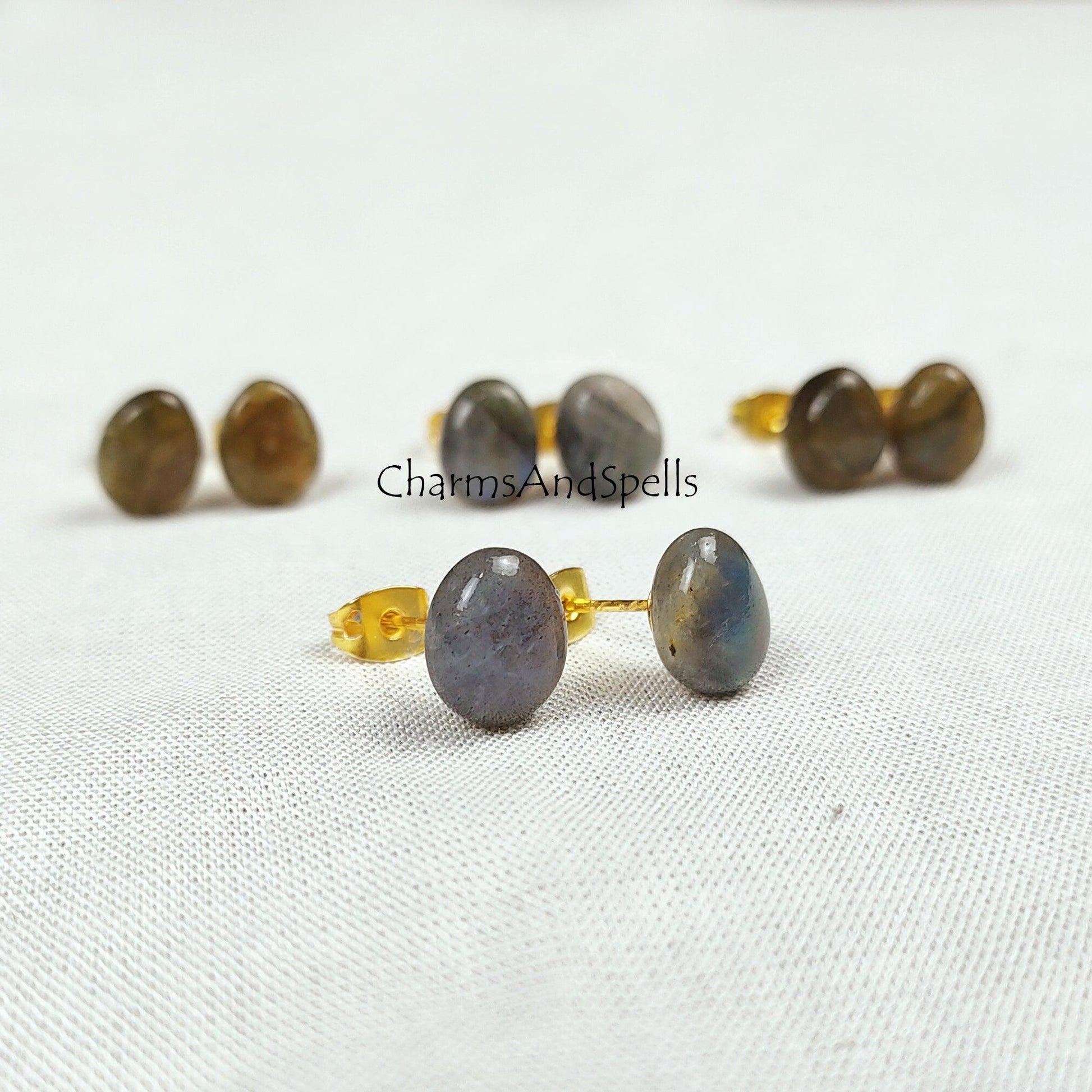 Labradorite stud earrings, Labradorite jewelry, 14k Gold Plated Labradorite studs, Ethnic Earrings, Dainty Studs, Woman earrings - Charms And Spells