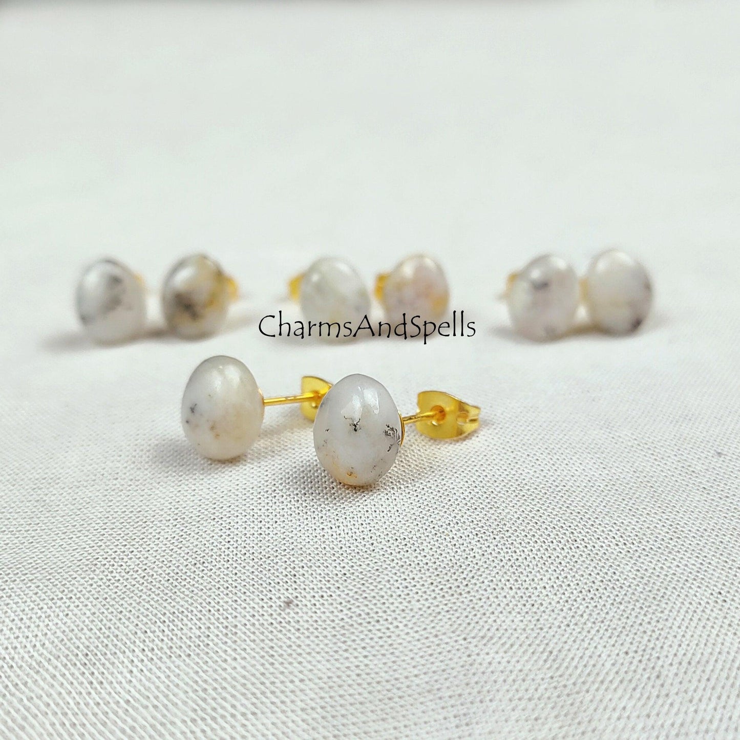 Dendrite Opal Stud Earrings, Opal Earrings, October Birthstone Earrings, Gold Plated Studs, Woman Earrings, Gifts For Her - Charms And Spells