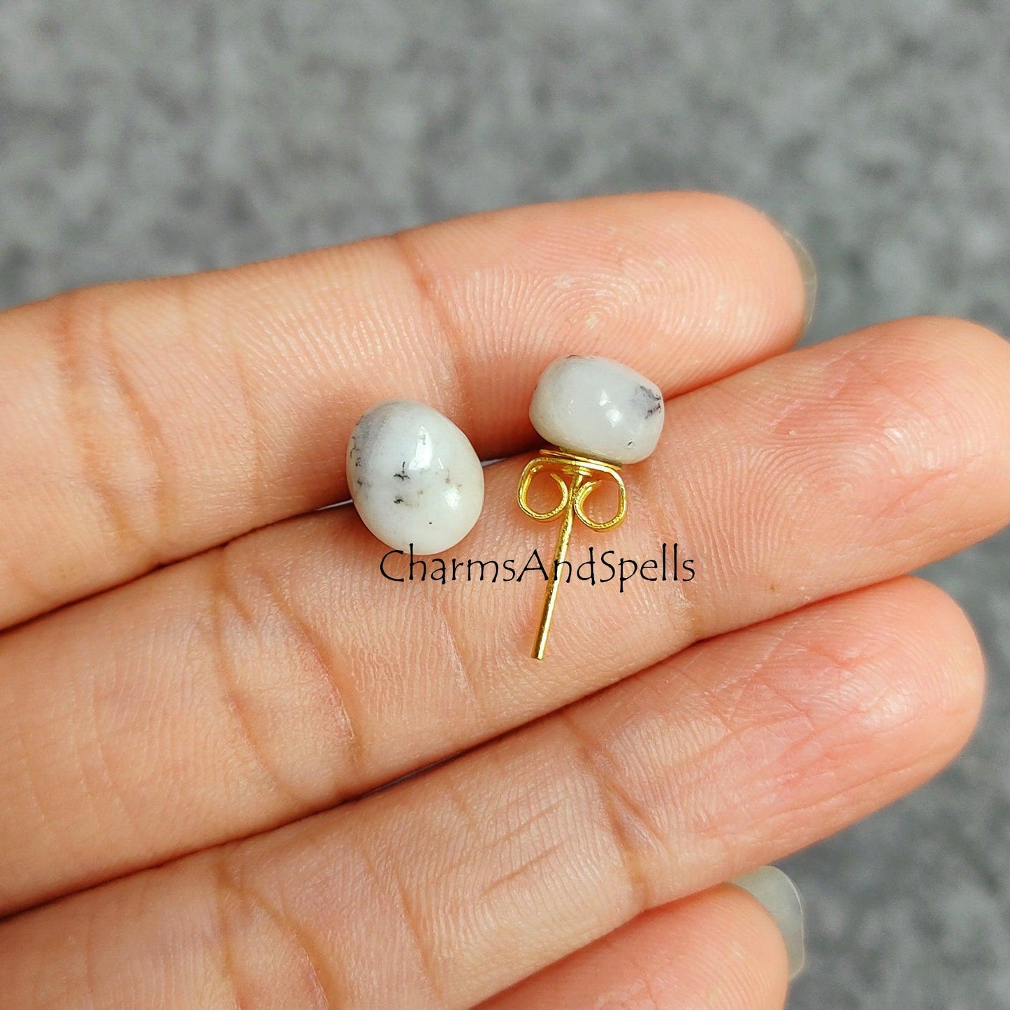 Dendrite Opal Stud Earrings, Opal Earrings, October Birthstone Earrings, Gold Plated Studs, Woman Earrings, Gifts For Her - Charms And Spells