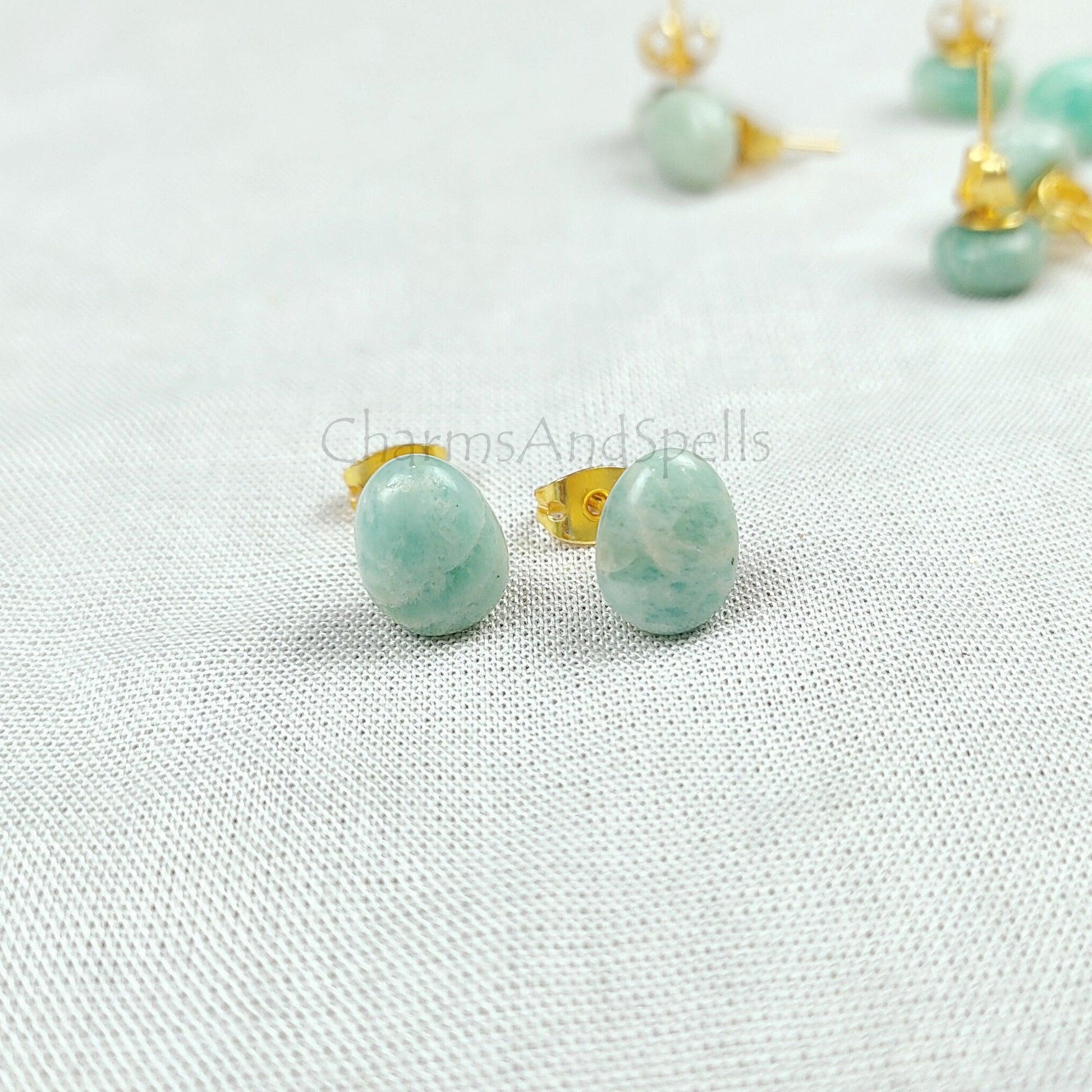 Amazonite Earring, Gemstone Stud Ear Post, Oval Amazonite, Healing Earrings, Bohemian Jewelry, Gift For Woman, Amazonite Jewelry - Charms And Spells