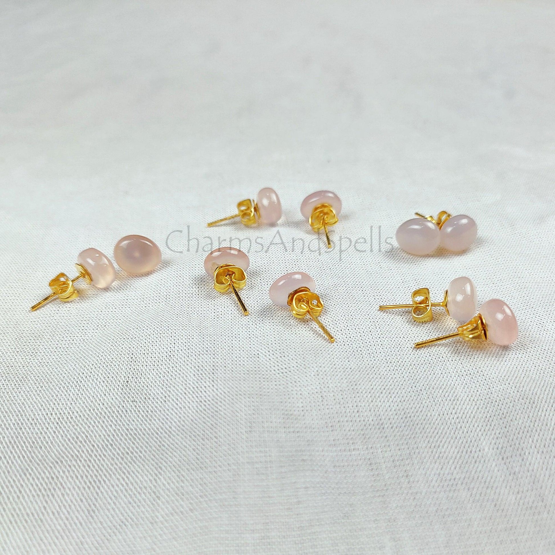 Rose Quartz Stud Earrings, Dainty Gemstone Earrings, Healing Love Crystal Jewelry, Oval Stone Earrings, Gift for Her - Charms And Spells