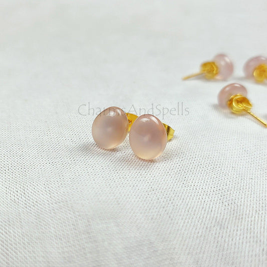 Rose Quartz Stud Earrings, Dainty Gemstone Earrings, Healing Love Crystal Jewelry, Oval Stone Earrings, Gift for Her - Charms And Spells