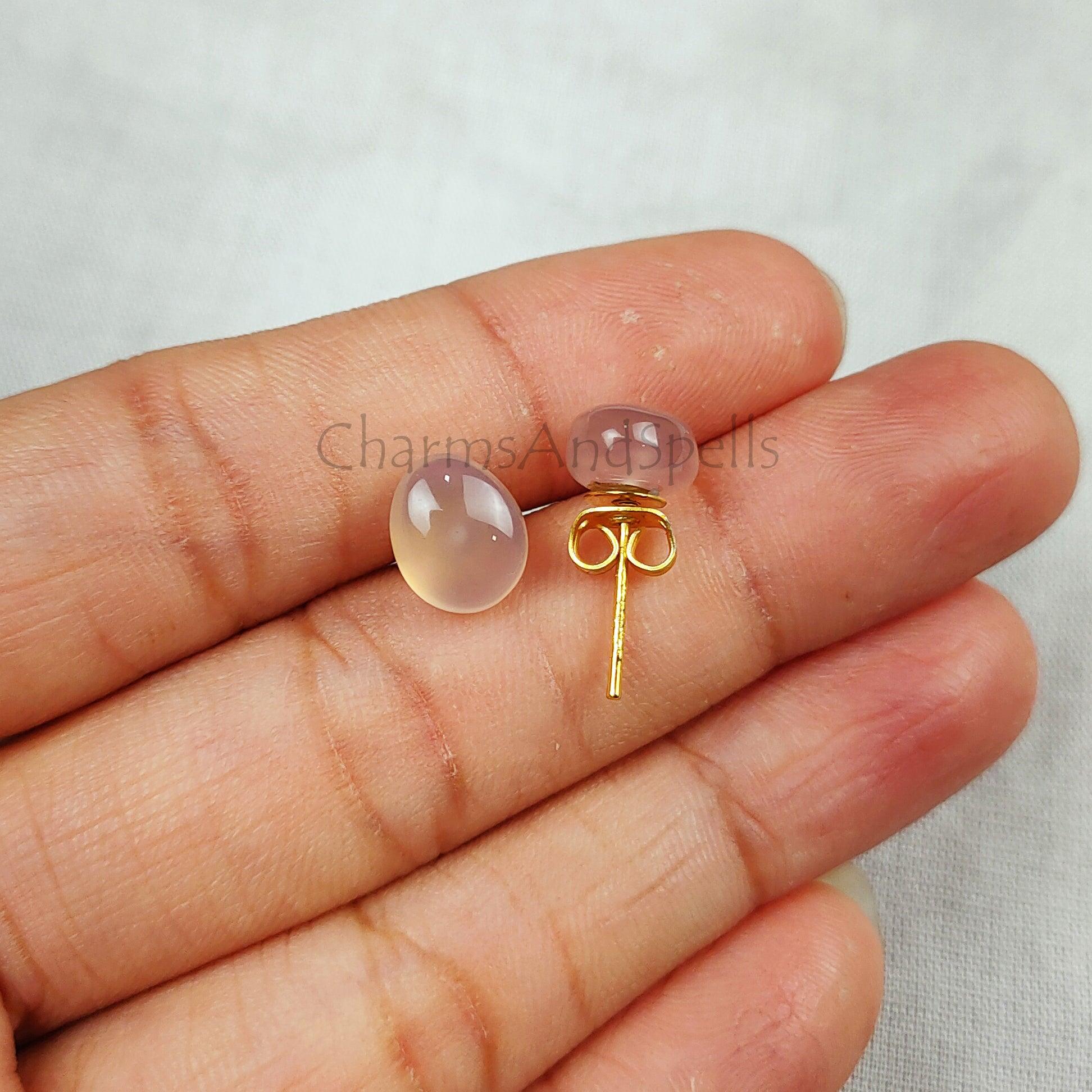 Rose Quartz Stud Earrings, Dainty Gemstone Earrings, Healing Love Crystal Jewelry, Oval Stone Earrings, Gift for Her - Charms And Spells