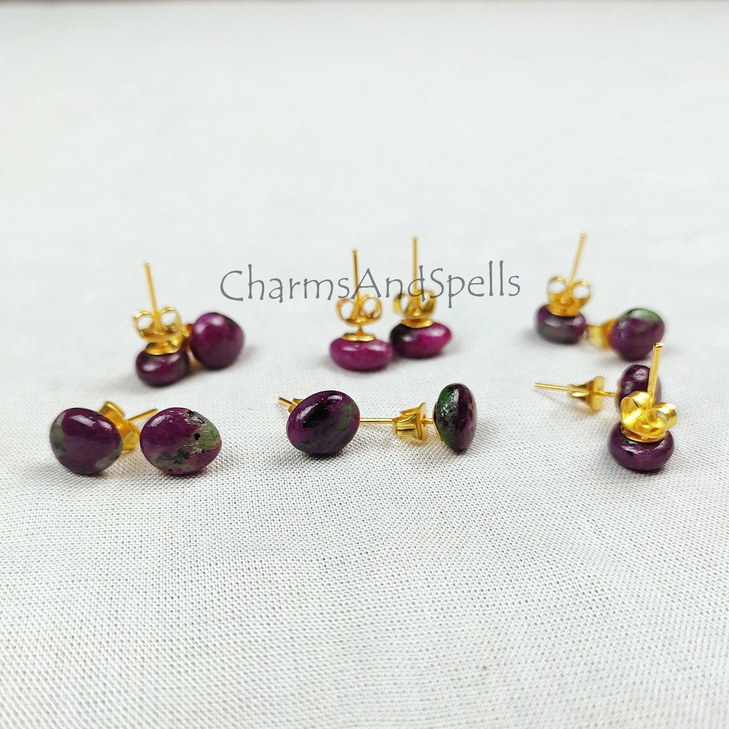 Ruby Zoisite Studs, Small Oval Stud Earrings for Men or Women, Unisex Simple Jewelry, Anyolite, Purple and Green, Gift For Woman - Charms And Spells