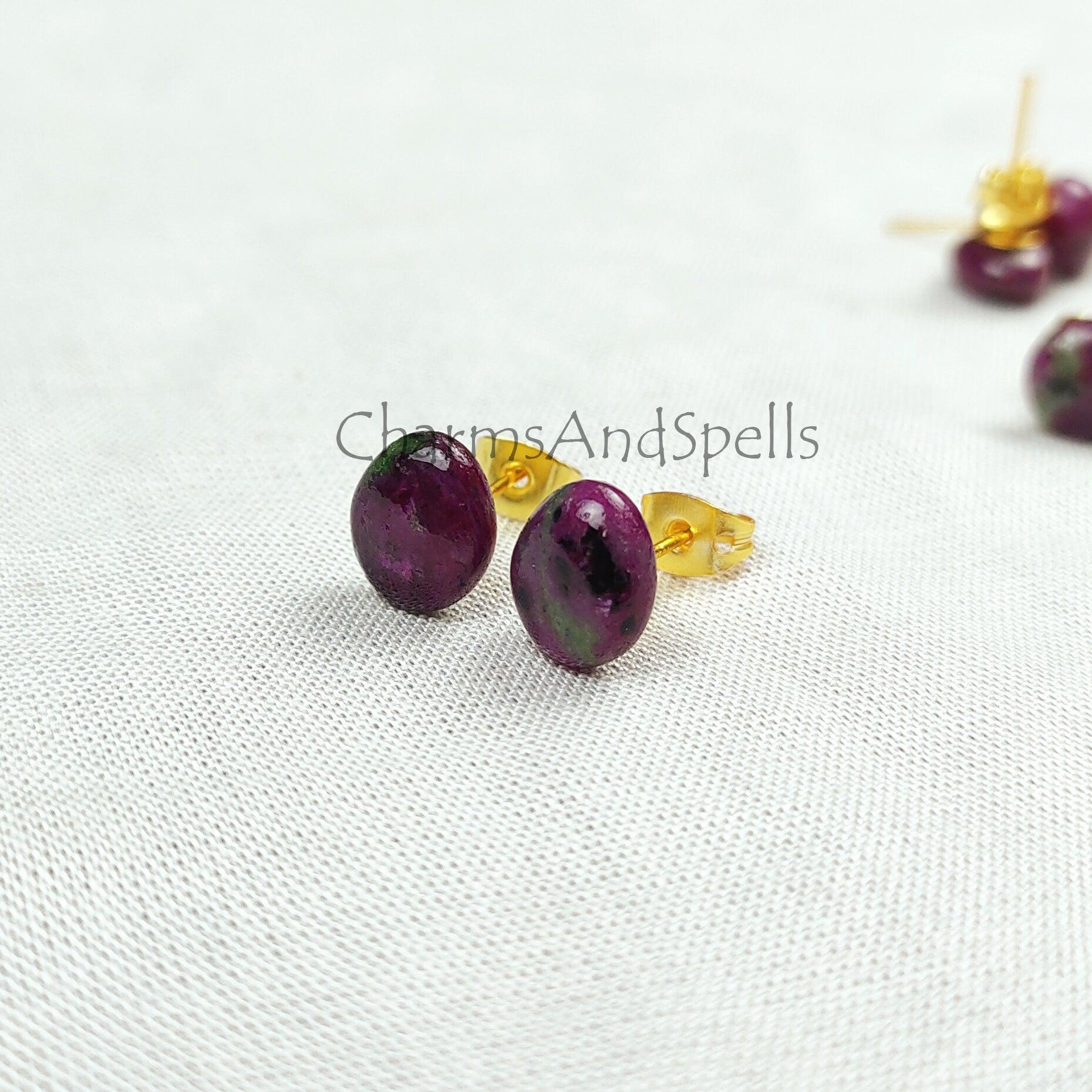 Ruby Zoisite Studs, Small Oval Stud Earrings for Men or Women, Unisex Simple Jewelry, Anyolite, Purple and Green, Gift For Woman - Charms And Spells