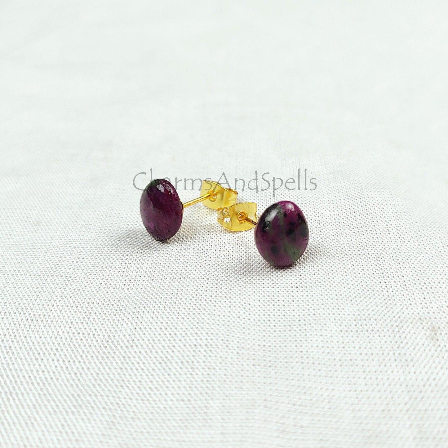 Ruby Zoisite Studs, Small Oval Stud Earrings for Men or Women, Unisex Simple Jewelry, Anyolite, Purple and Green, Gift For Woman - Charms And Spells