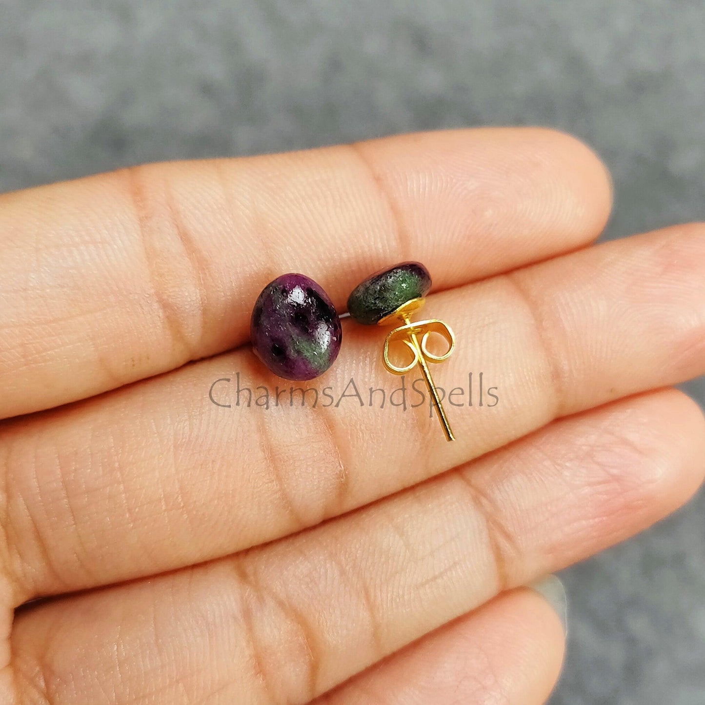 Ruby Zoisite Studs, Small Oval Stud Earrings for Men or Women, Unisex Simple Jewelry, Anyolite, Purple and Green, Gift For Woman - Charms And Spells