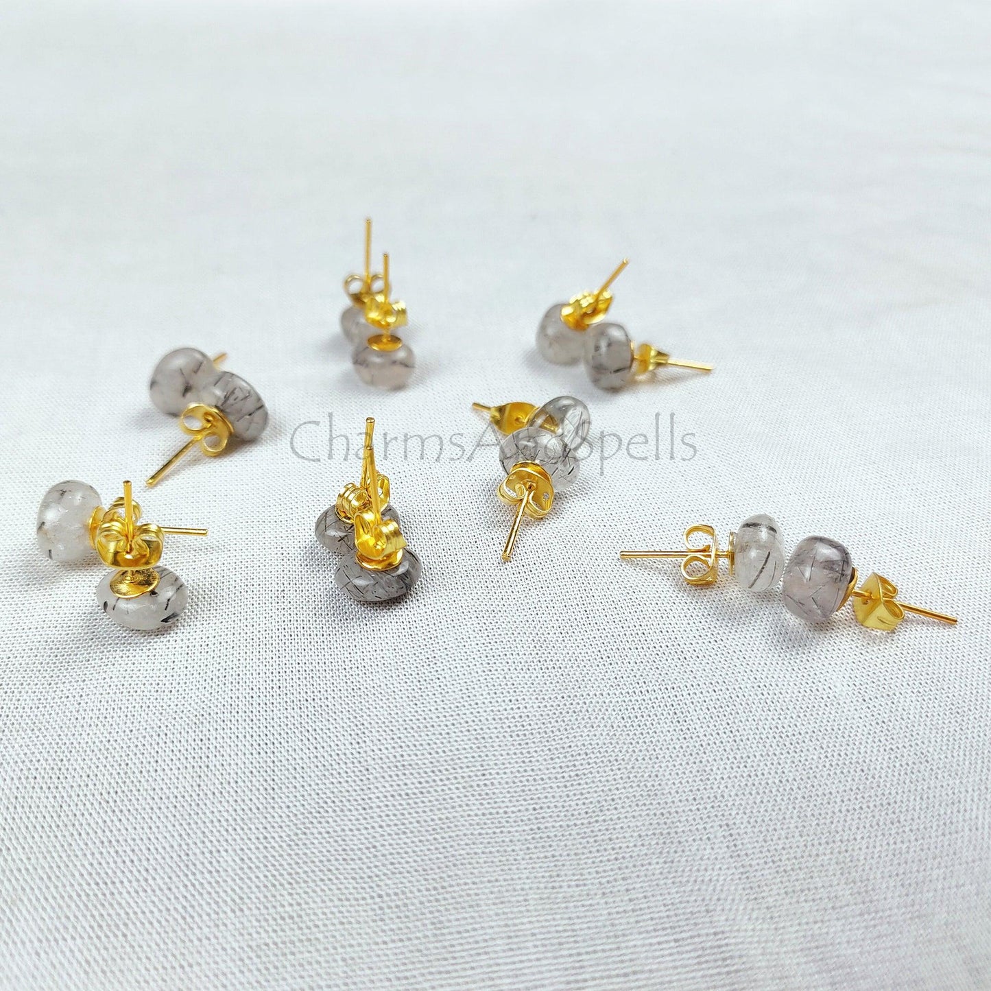 Black Rutilated Quartz Earrings, Rutile Earrings, Stud Earrings, Woman Stud Earrings, 14K Gold Plated Earrings, Gift for Mother in Law - Charms And Spells