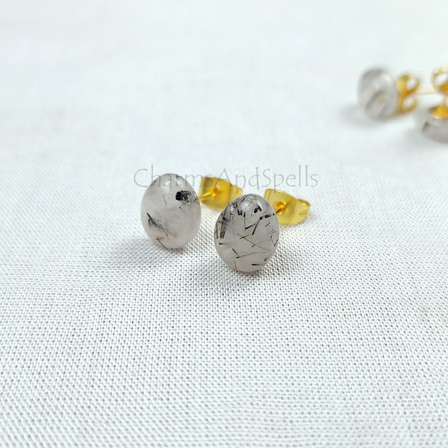 Black Rutilated Quartz Earrings, Rutile Earrings, Stud Earrings, Woman Stud Earrings, 14K Gold Plated Earrings, Gift for Mother in Law - Charms And Spells