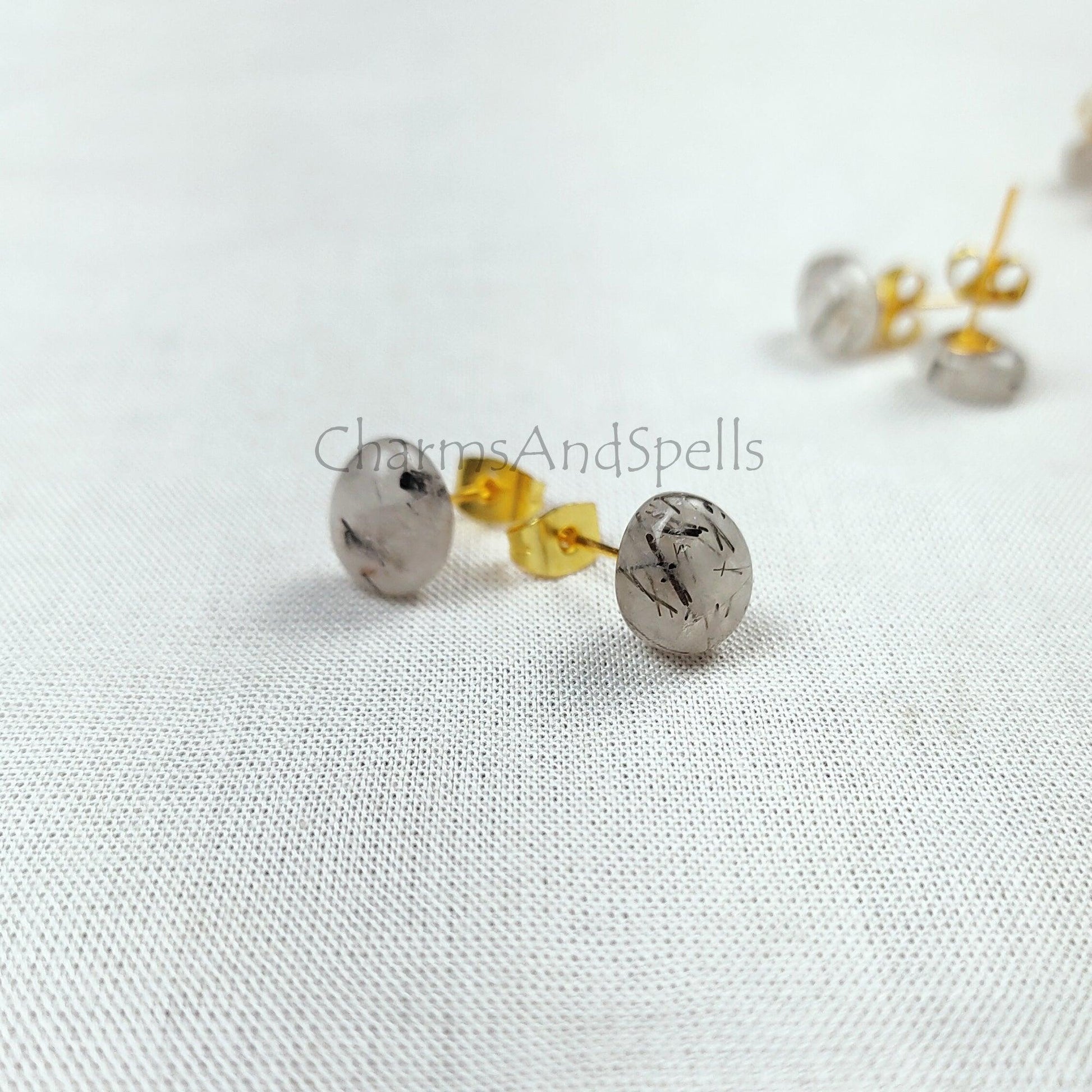 Black Rutilated Quartz Earrings, Rutile Earrings, Stud Earrings, Woman Stud Earrings, 14K Gold Plated Earrings, Gift for Mother in Law - Charms And Spells