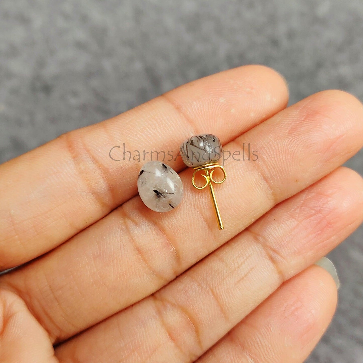 Black Rutilated Quartz Earrings, Rutile Earrings, Stud Earrings, Woman Stud Earrings, 14K Gold Plated Earrings, Gift for Mother in Law - Charms And Spells