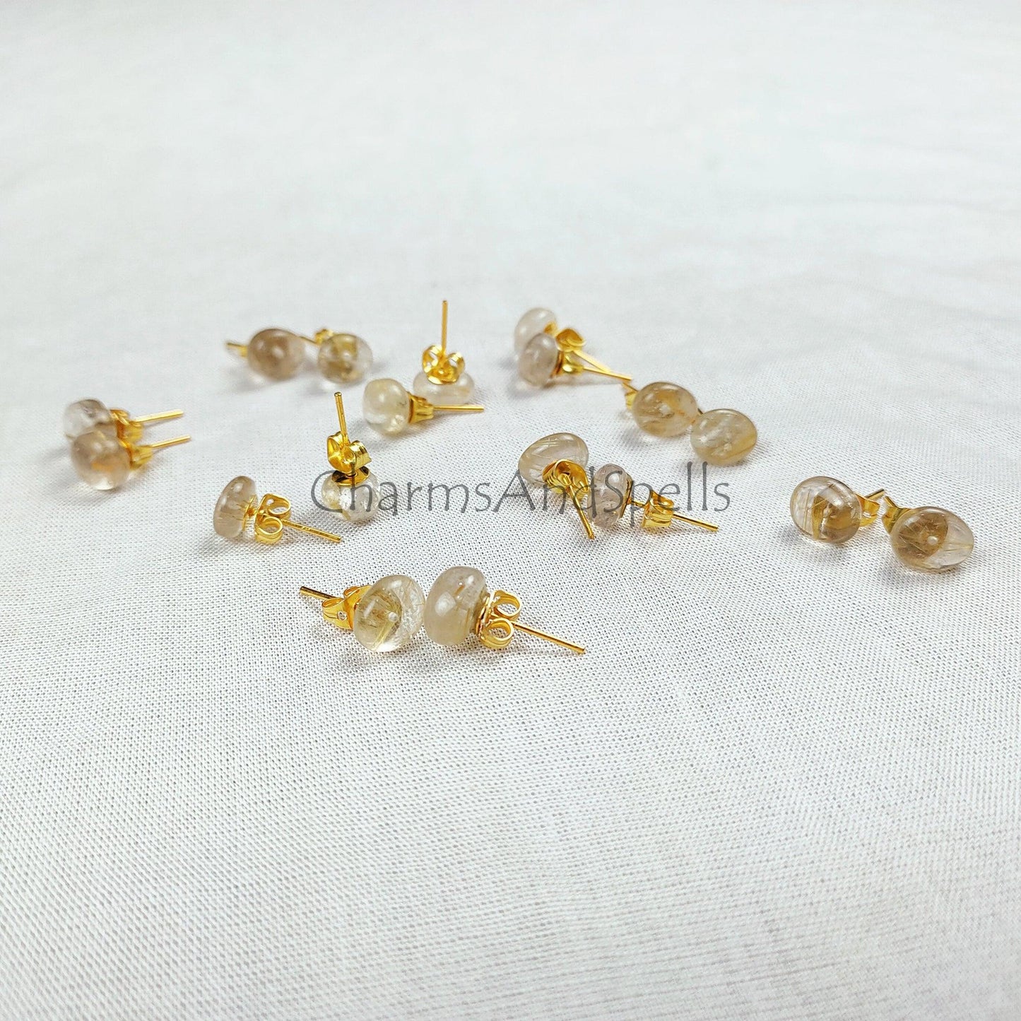 Golden rutile stud earrings, Vintage look push back stud earrings, Woman earrings, 14K gold plated earrings, Dainty Earrings - Charms And Spells