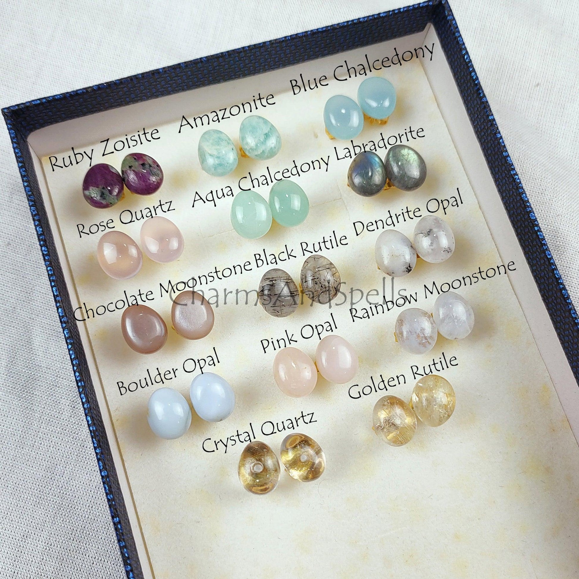 Natural Labradorite Stud Earrings, Mix Gemstone Smooth Earring Stud, Stud Earring Jewelry, Moonstone Earrings, Dainty Chalcedony Earrings - Charms And Spells