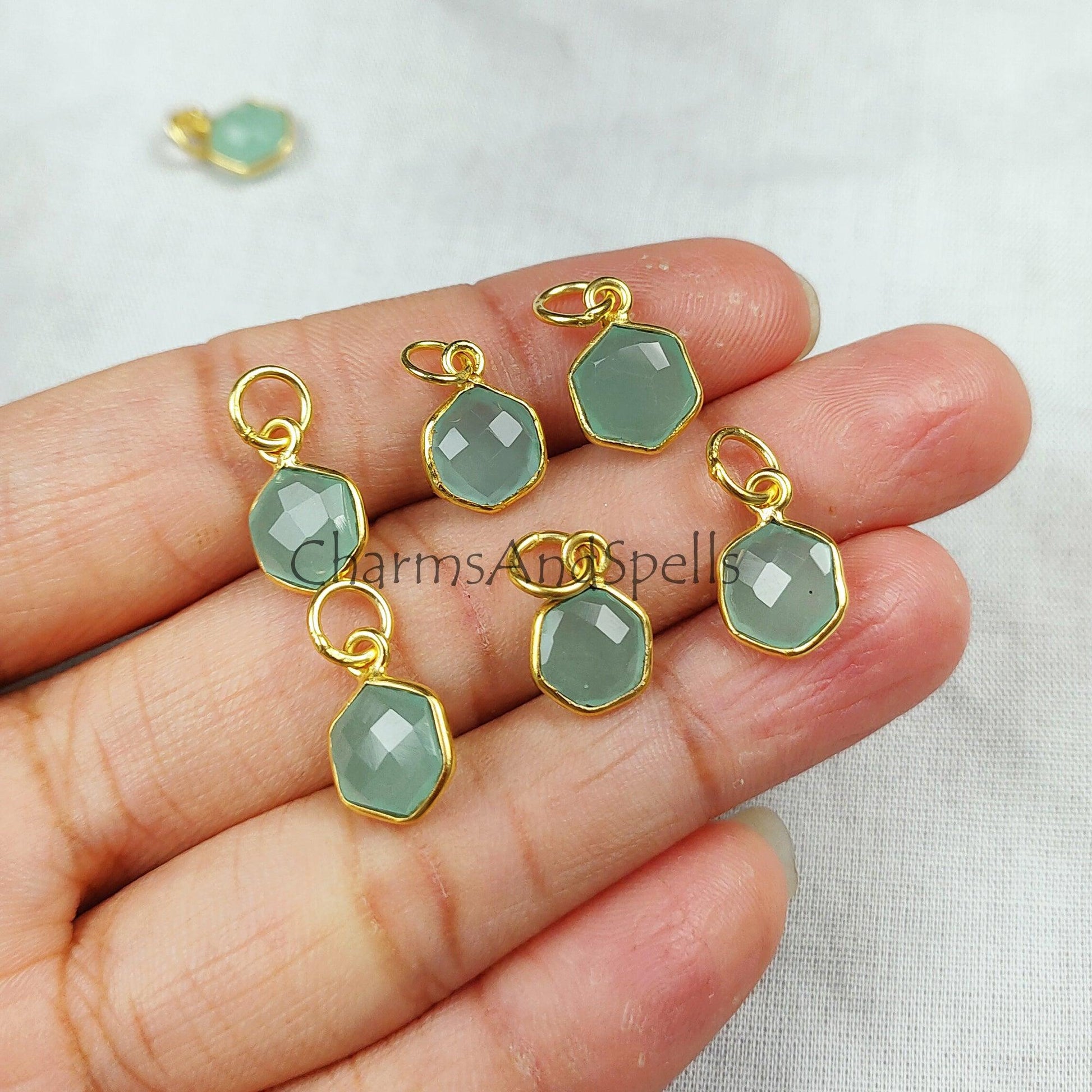Hexagon Shape Chalcedony Pendant, Minimalist Jewelry, Gold Plated Pendant, Gift For Daughter, Aqua Chalcedony Jewelry - Charms And Spells