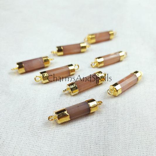 Peach Moonstone Bar Connector, Electroplated Pendent, Connector, Cylinder Tube Pendant, Double Loop Connector, DIY Jewelry Making - Charms And Spells