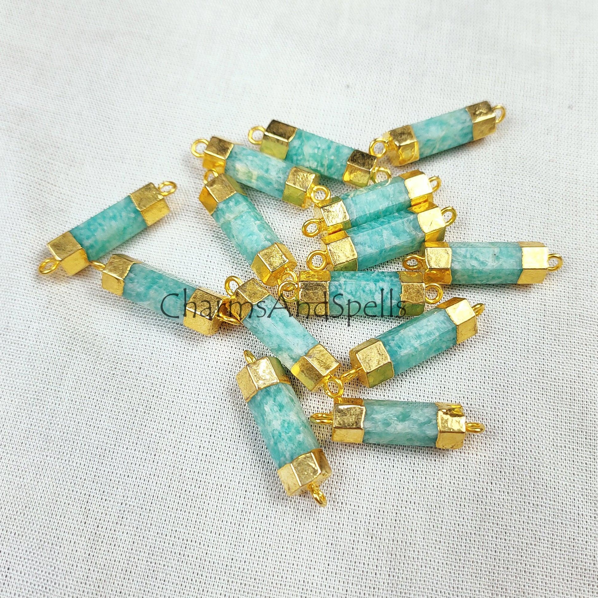 Natural Amazonite Gemstone Pendent, Amazonite Bar Connecter, DIY Jewelry, Electroplated Connecter , Healing Crystal Pendent - Charms And Spells