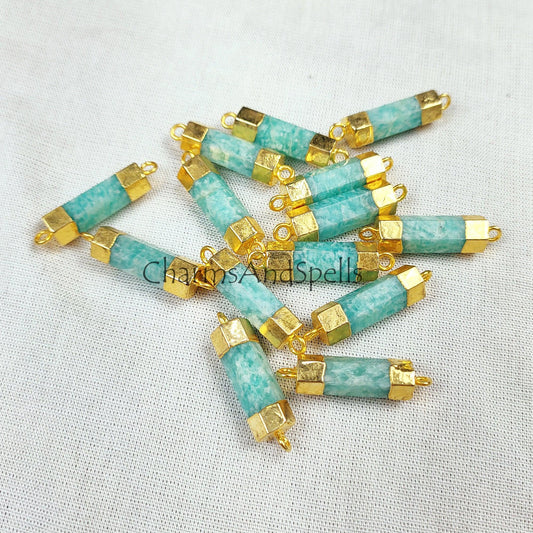 Natural Amazonite Gemstone Pendent, Amazonite Bar Connecter, DIY Jewelry, Electroplated Connecter , Healing Crystal Pendent - Charms And Spells