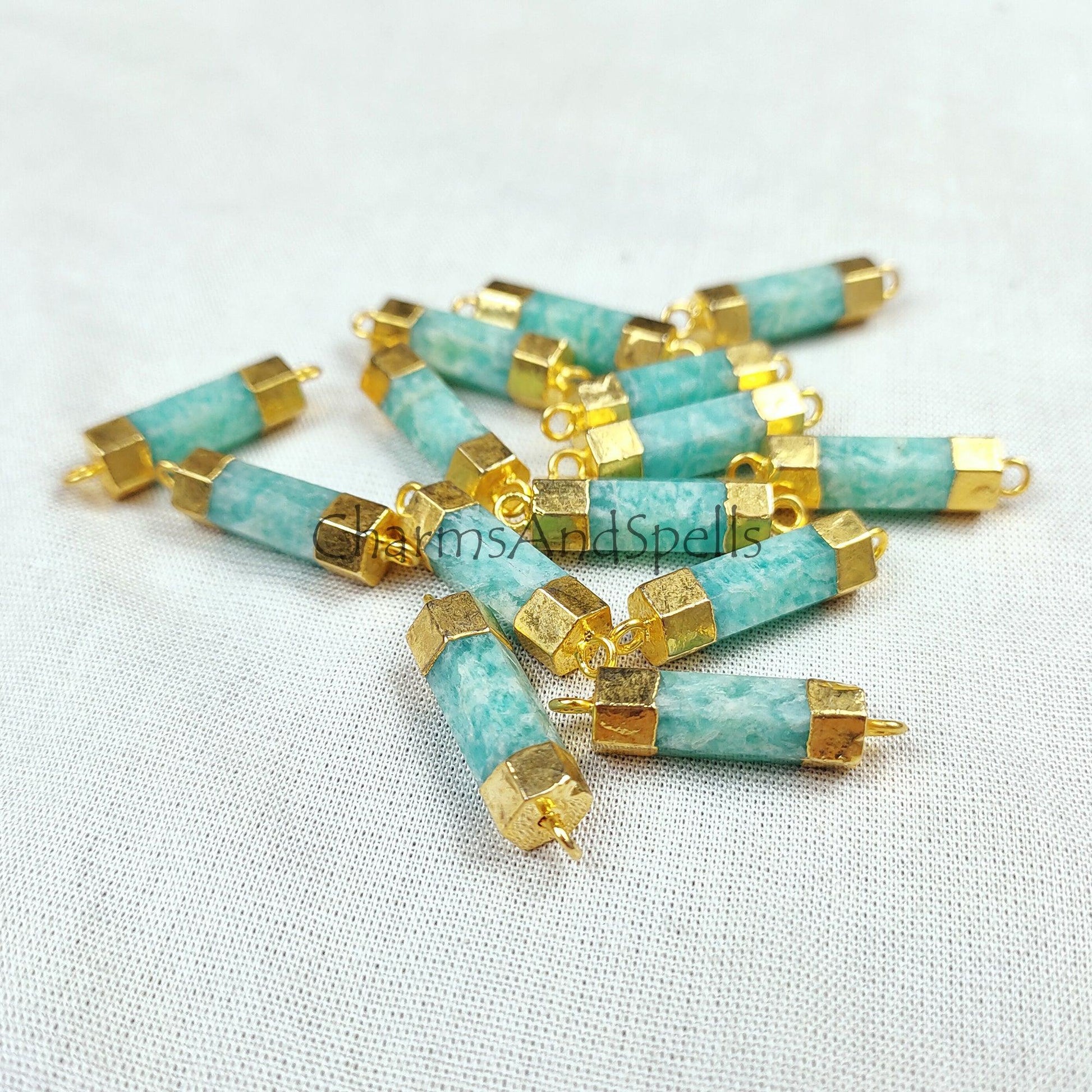Natural Amazonite Gemstone Pendent, Amazonite Bar Connecter, DIY Jewelry, Electroplated Connecter , Healing Crystal Pendent - Charms And Spells