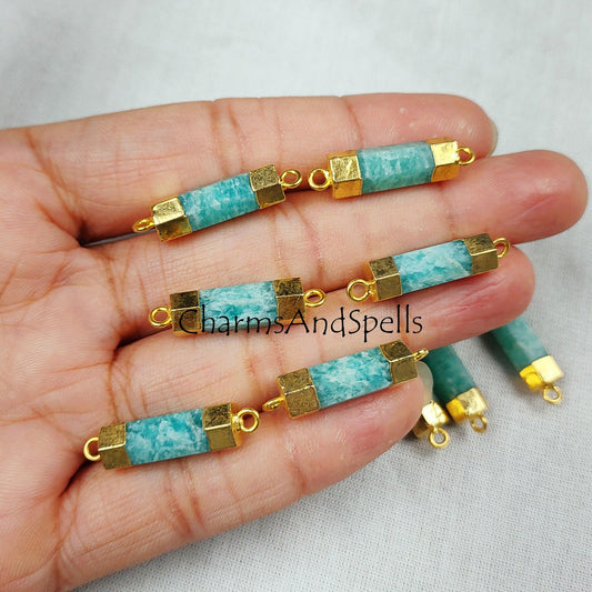 Natural Amazonite Gemstone Pendent, Amazonite Bar Connecter, DIY Jewelry, Electroplated Connecter , Healing Crystal Pendent - Charms And Spells