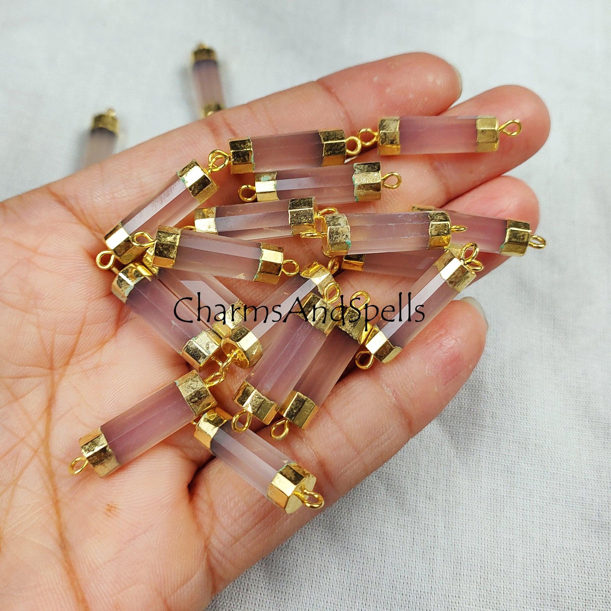 Pink Chalcedony Pendent Connector, Chalcedony Jewelry, Gemstone Connector, Bar Connector, Tube Pendent, Double Loop - Charms And Spells