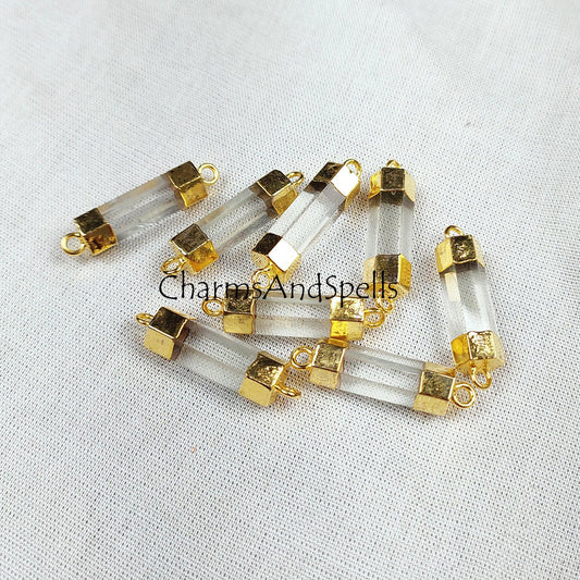 Crystal Quartz Necklace Connector, Clear Quartz Stick Connector, Electroplated Pendent, Double Bail Station Connector - Charms And Spells