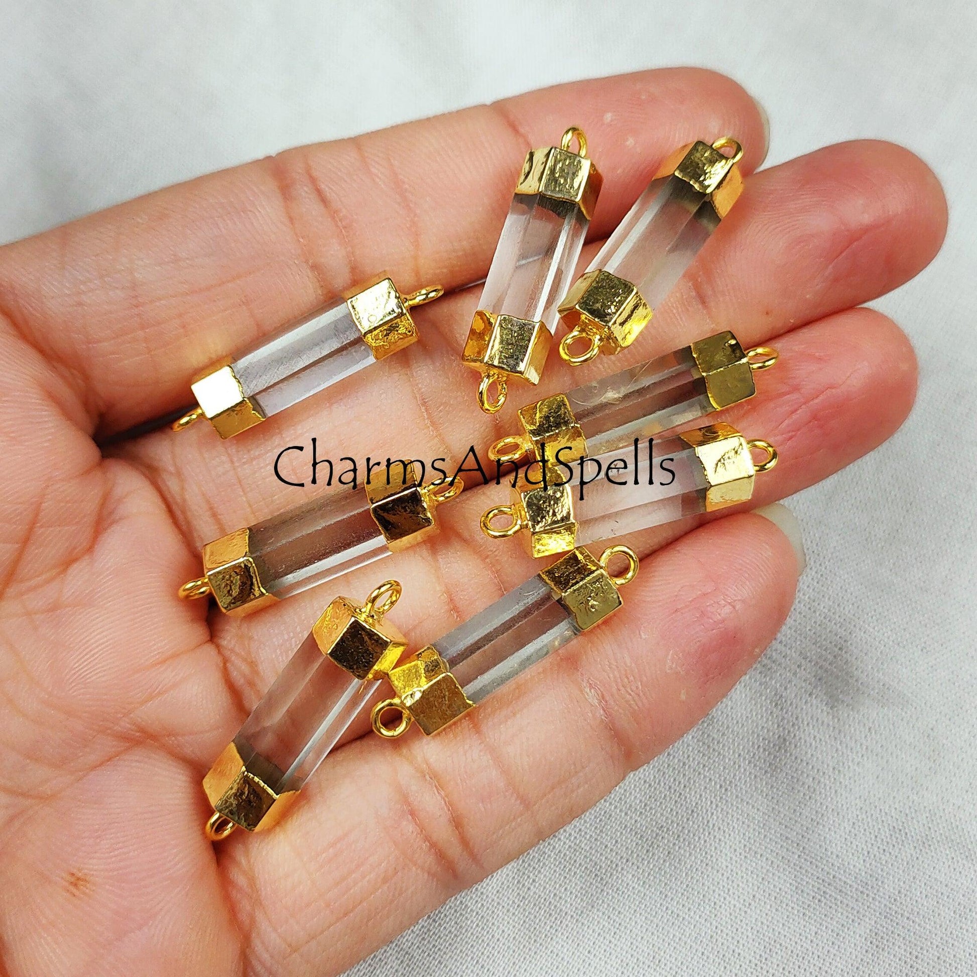 Crystal Quartz Necklace Connector, Clear Quartz Stick Connector, Electroplated Pendent, Double Bail Station Connector - Charms And Spells