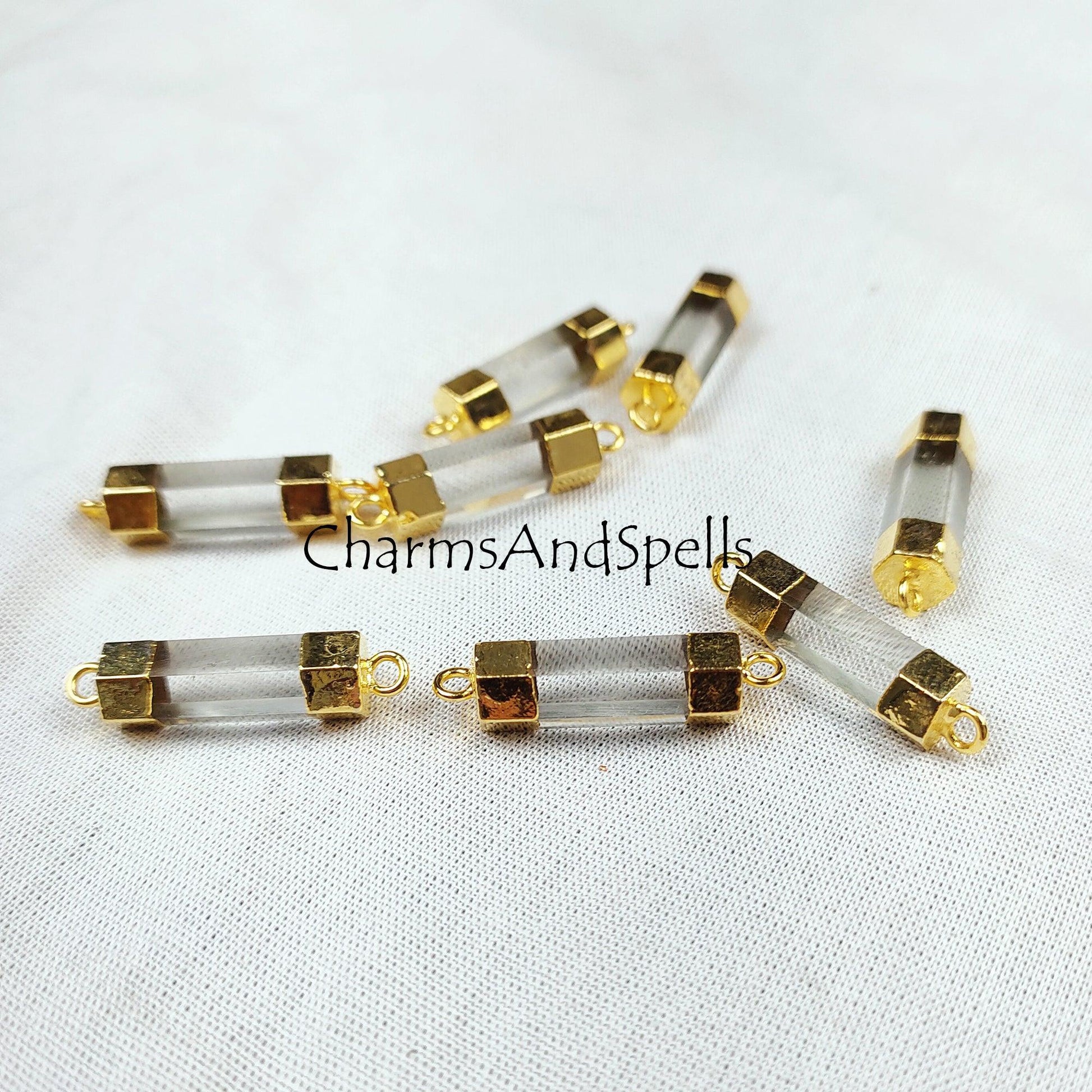 Crystal Quartz Necklace Connector, Clear Quartz Stick Connector, Electroplated Pendent, Double Bail Station Connector - Charms And Spells