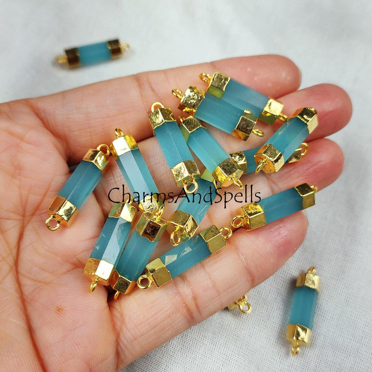 Blue Chalcedony Connector, Chalcedony Bar Pendent, Gemstone Pendant, Loop Connector, Necklace Making, Double Bail Loop Gold Polish Pendent - Charms And Spells