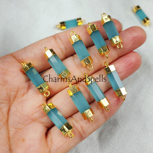 Blue Chalcedony Connector, Chalcedony Bar Pendent, Gemstone Pendant, Loop Connector, Necklace Making, Double Bail Loop Gold Polish Pendent - Charms And Spells