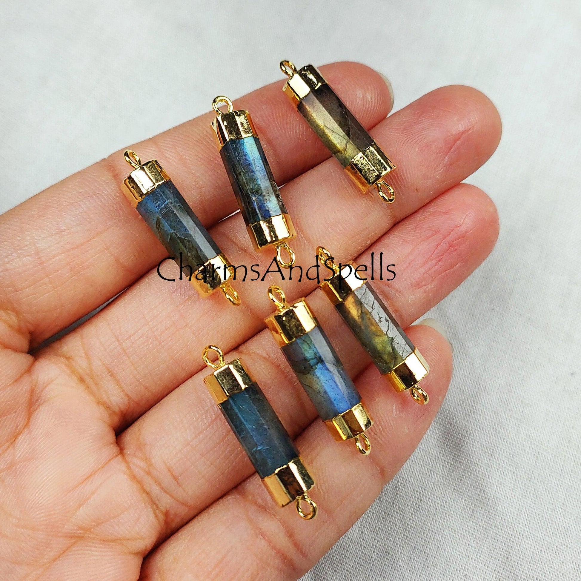 Natural Labradorite Connector, Necklace Jewelry Making, Double Loop Connector, Gold Plated Station Pendent, DIY Jewelry - Charms And Spells