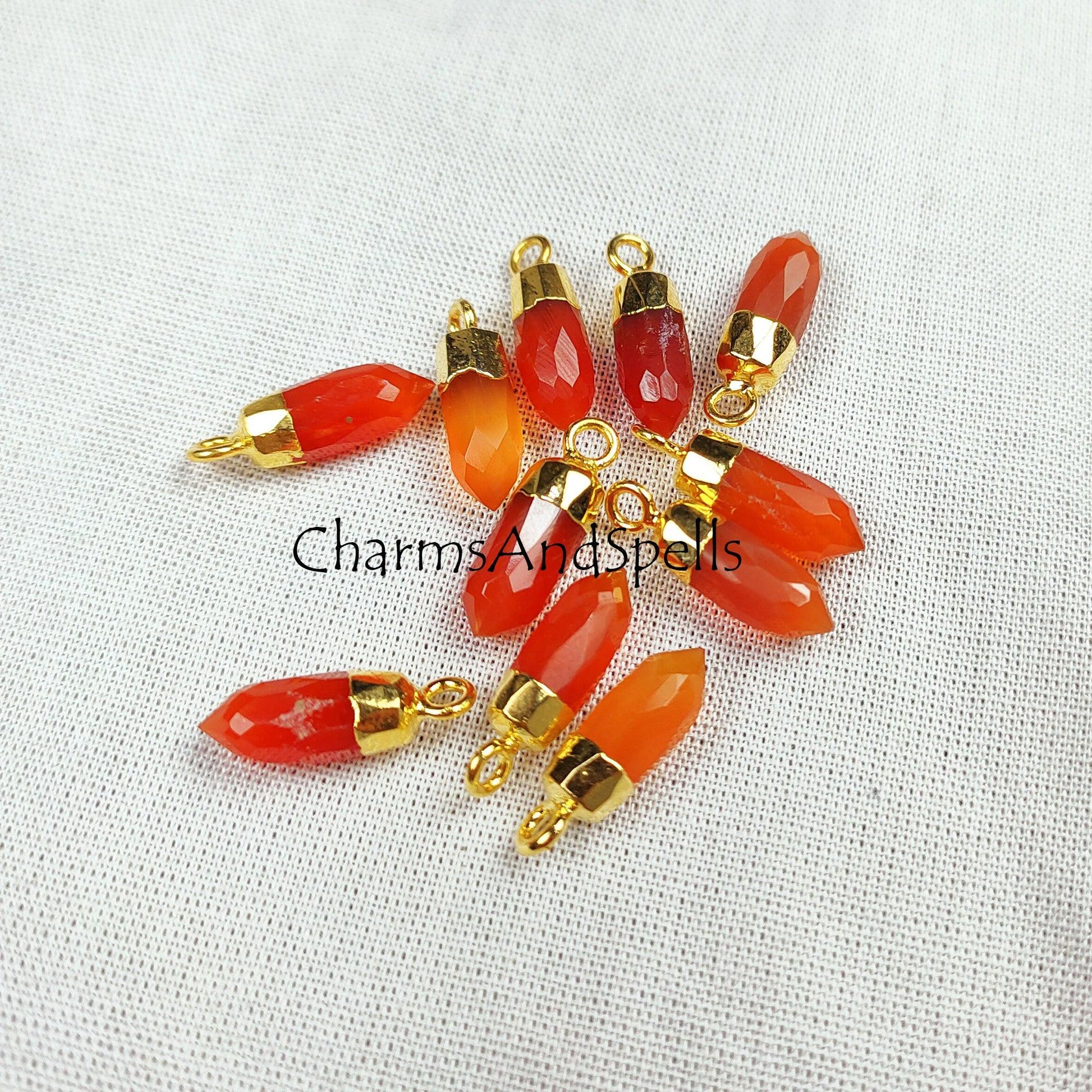 Tiny Natural Carnelian Spike Pendant, Electroplated Pencil Charm, Natural Carnelian Pencil Pendant, Mini Pencil Jewelry - Charms And Spells