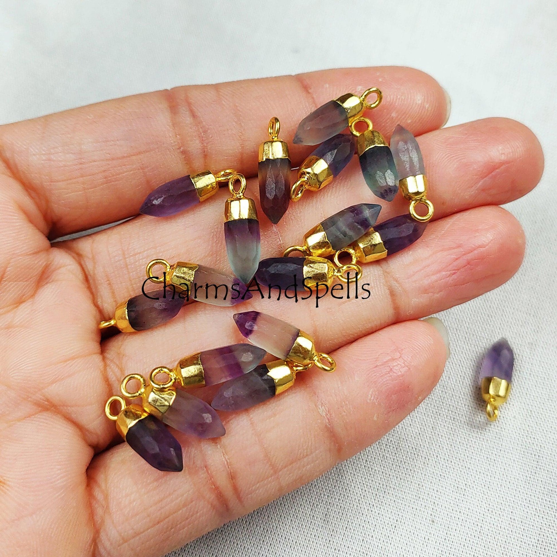 Rainbow Fluorite Stone Pencil Pendant, Healing Single Terminated Point Pendant, Gold Electroplated Pencil Pendant, Mini Spikes Pendant - Charms And Spells