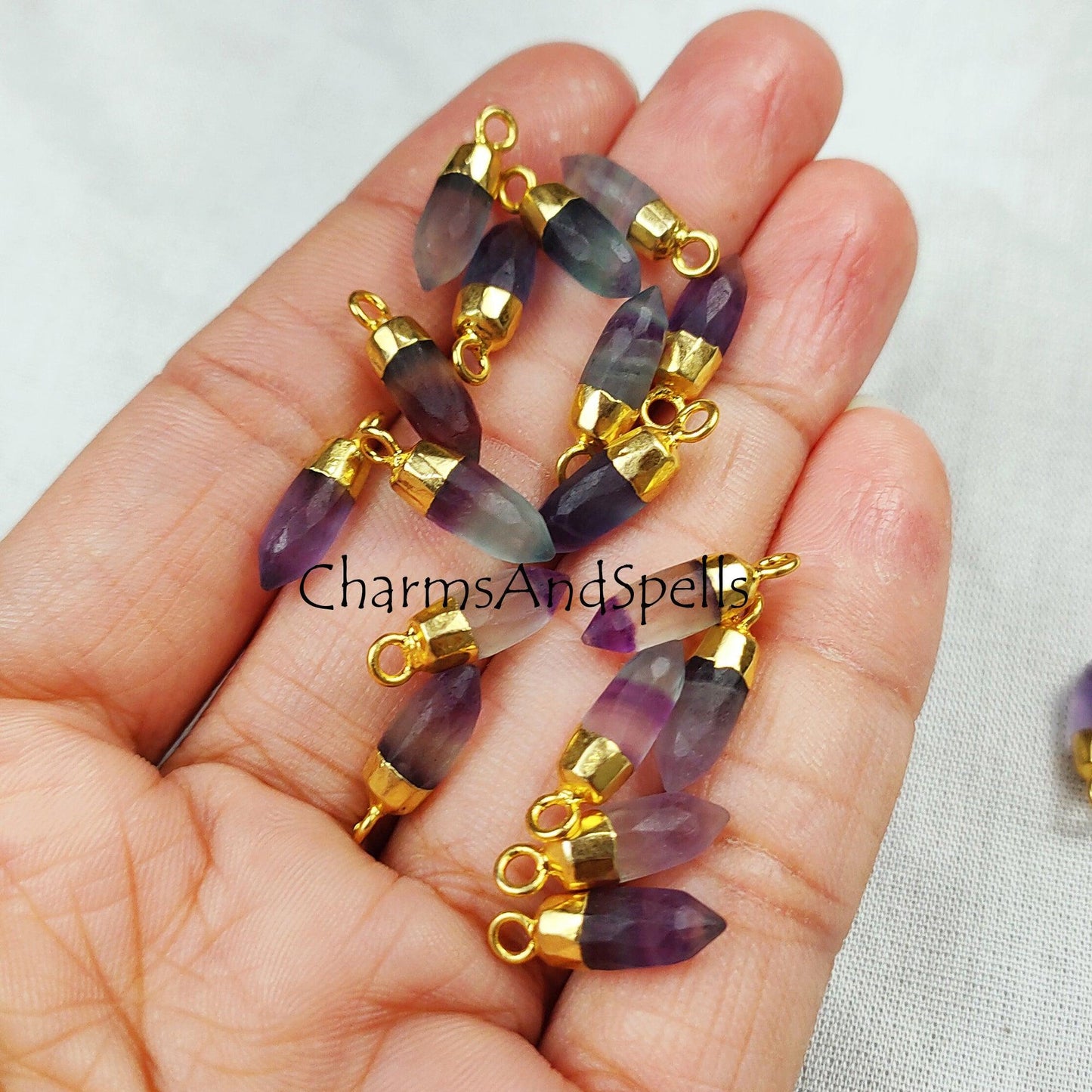 Rainbow Fluorite Stone Pencil Pendant, Healing Single Terminated Point Pendant, Gold Electroplated Pencil Pendant, Mini Spikes Pendant - Charms And Spells