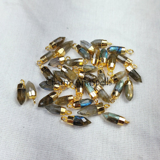 Natural Labradorite Point Shape Pendant, Gemstone Single Bail Pendant with Electroplated Gold Band, Labradorite Bullet Pendant - Charms And Spells