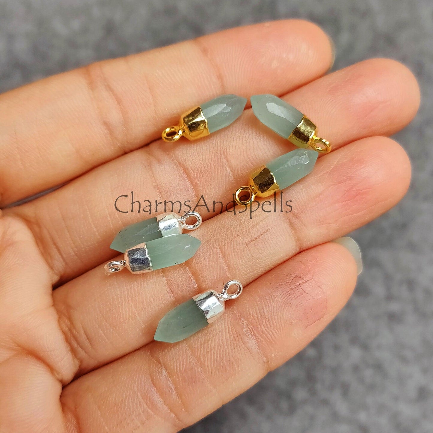 Natural Aquamarine Spike Pendant, Gold/Silver Electroplated Pencil Charm, Healing Pencil Pendant, Mini Pencil Jewelry, Wedding Gift - Charms And Spells