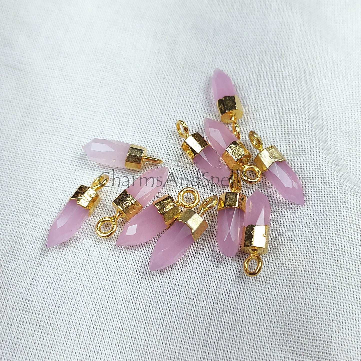 Pink Chalcedony Electroplated Tiny Spike Pendant Charms, Gemstone Charms, Healing Pencil Pendant, Love Jewelry - Charms And Spells