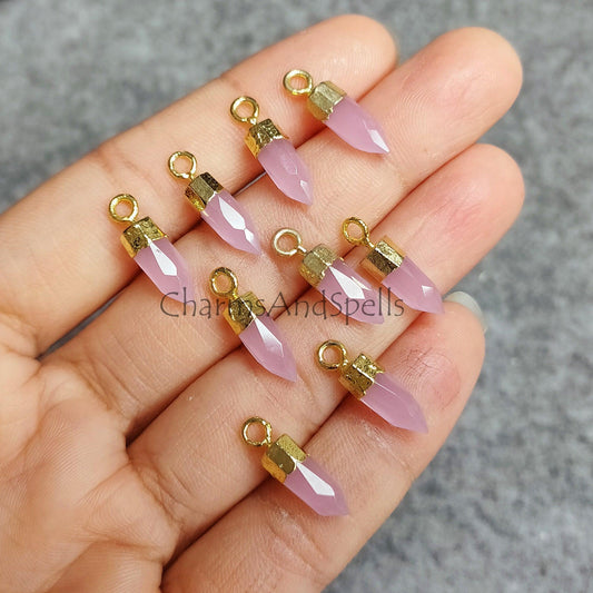 Pink Chalcedony Electroplated Tiny Spike Pendant Charms, Gemstone Charms, Healing Pencil Pendant, Love Jewelry - Charms And Spells