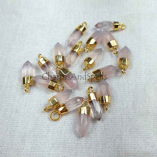 Pink Rose Quartz Pendant, Rose Quartz Pencil Point Pendant with Electroplated Gold Band, Rose Quartz Bullet Pendant - Charms And Spells