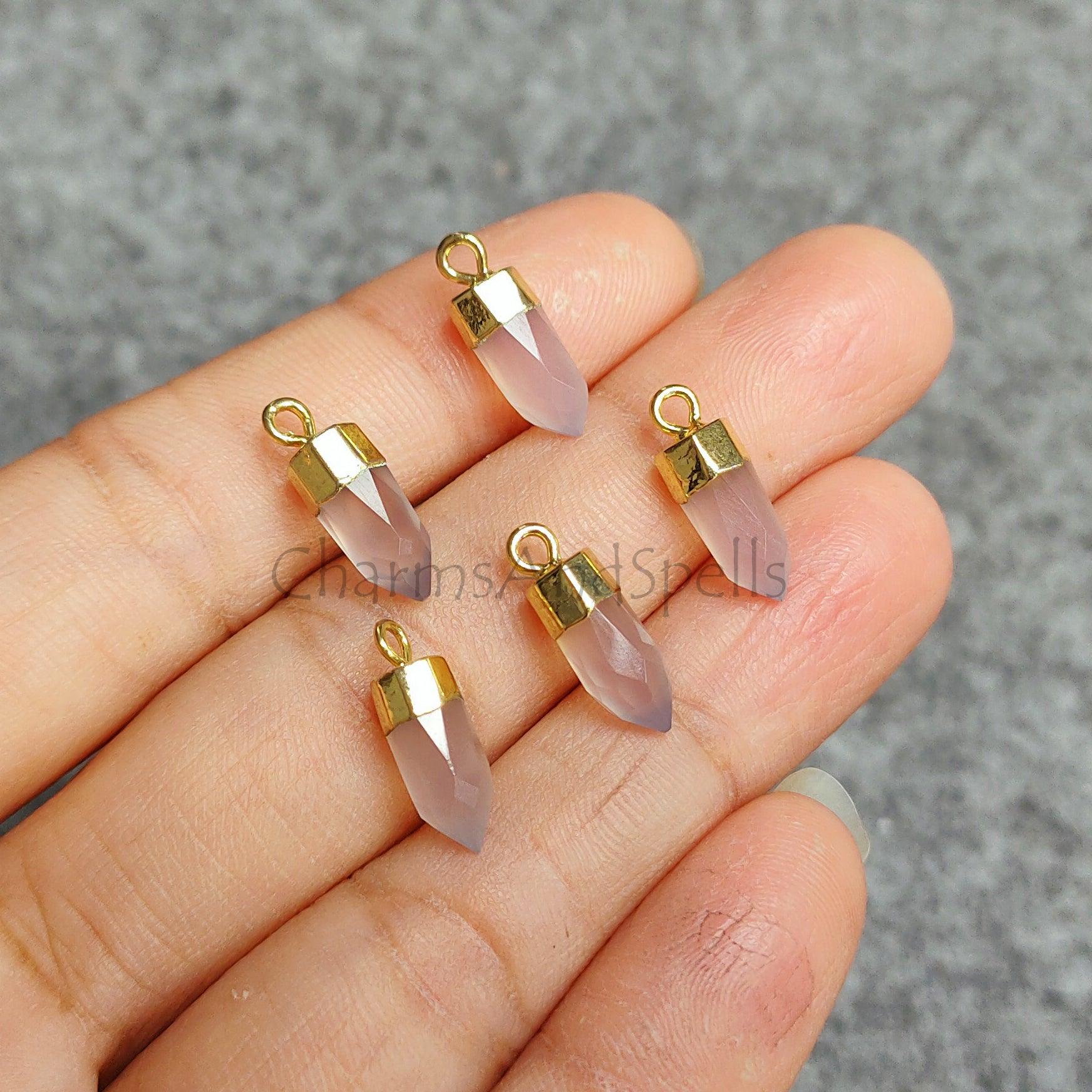 Pink Rose Quartz Pendant, Rose Quartz Pencil Point Pendant with Electroplated Gold Band, Rose Quartz Bullet Pendant - Charms And Spells